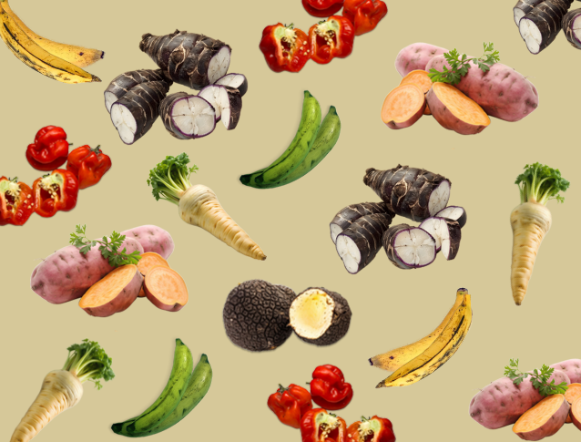 A colourful spread of Noble Snack ingredients including plantains, cassava, sweet potatoes and peppers